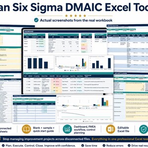 May include: A Lean Six Sigma DMAIC Excel Toolkit featuring multiple screenshots of a digital workbook. The interface displays project charters, dashboards, FMEA workflows, and control plans with data tables, bar charts, and trend graphs.