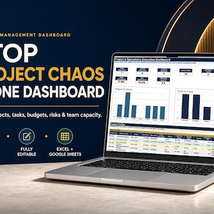 May include: A laptop displaying a Project & Operations Executive Dashboard with charts and tables. Text reads: STOP PROJECT CHAOS IN ONE DASHBOARD. Track projects, tasks, budgets, risks & team capacity. Features include instant download, fully editable, and Excel + Google Sheets compatibility.
