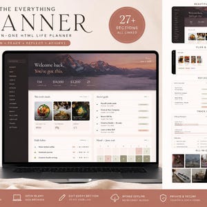 May include: A laptop displaying a digital planner interface with a mountain landscape background. The planner features sections for planning, tracking, and reflecting, with a focus on organization and goal setting. The design is modern and aesthetic.
