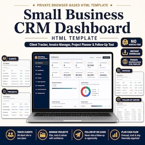 May include: A private browser-based HTML template for a small business CRM dashboard. The interface displays a client tracker, invoice manager, project planner, and follow-up tool. The screen shows data metrics, revenue snapshots, and project status charts.