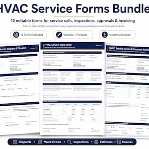 May include: A digital bundle of 12 editable and printable HVAC service forms, including customer service requests, work orders, and invoices. The documents feature dark blue headers and organized sections for business, customer, and equipment details.