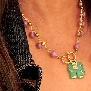 JADE | gemstone necklace, phosphosiderite, freshwater pearls, 14k gold green jade elephant pendant, statement jewelry, handmade by Veda