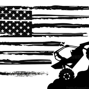May include: Black and white silhouette of an off-road vehicle driving up a hill with a distressed American flag in the background.