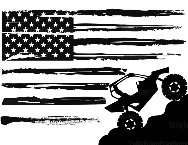 May include: Black and white silhouette of an off-road vehicle driving up a hill with a distressed American flag in the background.