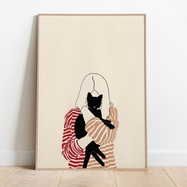 Black Cat Art Print, Cat Lover Gift, Cat Decor, Cat Wall Art, Cat Illustration, Cat Print Poster, Printable Cat Art, Digital Download