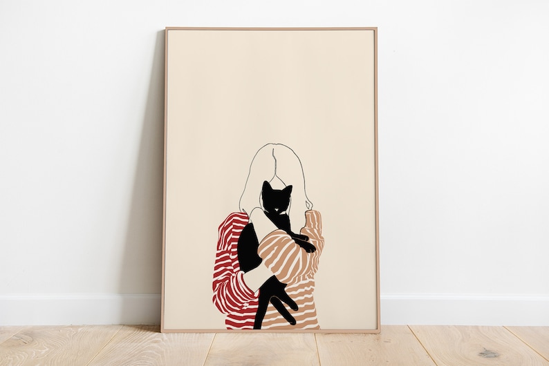Black Cat Art Print, Cat Lover Gift, Cat Decor, Cat Wall Art, Cat Illustration, Cat Print Poster, Printable Cat Art, Digital Download image 1