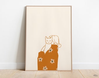 Kitty Cuddles Print, Cat Lover Art Print, Cat Print Poster, Cat Illustration Art Print, Cute Cat Print, Printable Wall Art, Digital Download