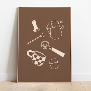 May include: A brown poster featuring a white outline of coffee making equipment, including a cup, a jug, a tamper, a spoon, and a portafilter.