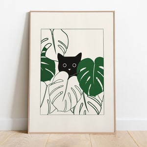 Gato negro con Monstera, Monstera Art Print, Cat Art Print, Black Cat Wall Art, Imprimible Black Cat Poster, Cat Lover Gift, Descarga digital