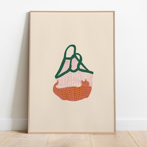 Cat Produce Bag Illustrated Art Print, Cat Poster, Cat Lover Gift, Decoración de pared imprimible, Impresión de arte animal, Arte minimalista, Descarga digital