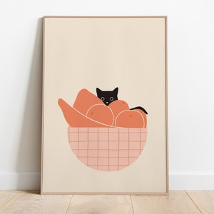 Cat Fruit Bowl Print, Cute Cat Printable Art, Fruit Bowl Art, Cat Poster, Cat Illustration, Cat Wall Art, Cat Lover Gift, Digital Download
