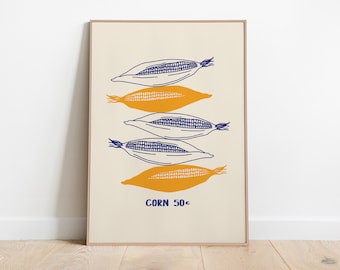 Blue & Yellow Corn Art Print: Kitchen Vegetable Poster (Digital Download)