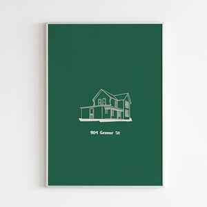 Pu&ograve; includere: Un poster verde con un disegno a linea bianca di una casa con l'indirizzo 904 Grover St.