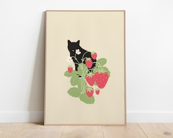 Cat Strawberry Art Print, Strawberry Print, Strawberry Art, Cat Print, Cat Poster, Black Cat Wall Art, Cat Illustration, Digital Print