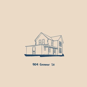 Pu&ograve; includere: Disegno a linea di una casa a due piani con un portico. La casa &egrave; bianca con finestre nere e una porta nera. Il testo "904 Grover St" &egrave; sotto la casa.