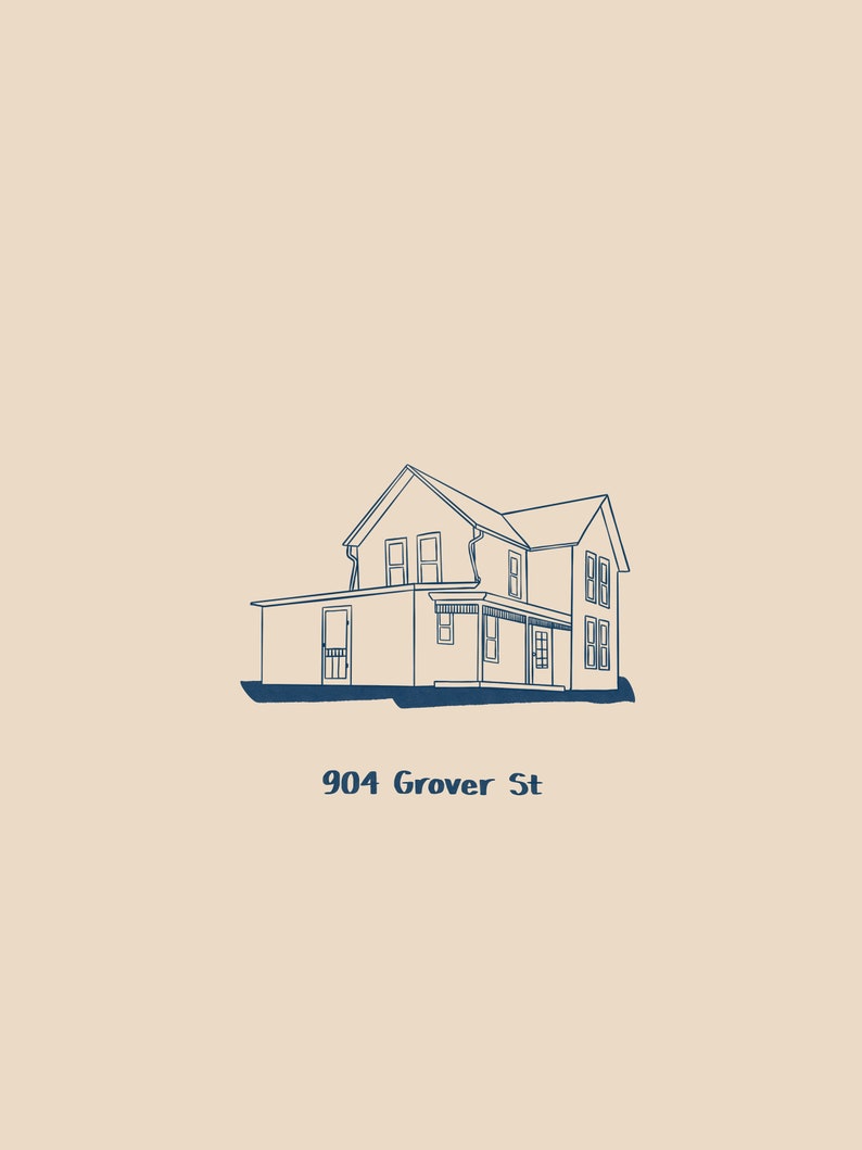 Pu&ograve; includere: Disegno a linea di una casa a due piani con un portico. La casa &egrave; bianca con finestre nere e una porta nera. Il testo "904 Grover St" &egrave; sotto la casa.