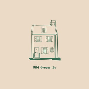 Pu&ograve; includere: Disegno a linea di una casa a due piani con tetto a due falde, due finestre per piano, una porta e un camino. La casa &egrave; etichettata "904 Grover St."