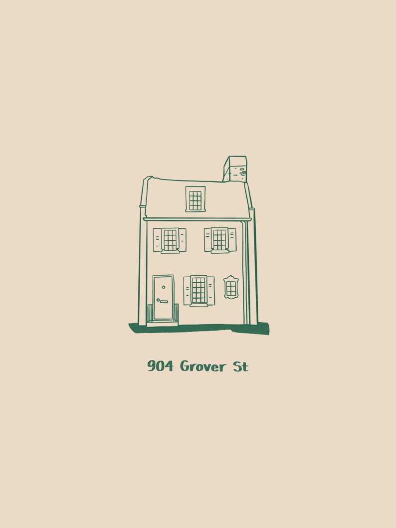 Pu&ograve; includere: Disegno a linea di una casa a due piani con tetto a due falde, due finestre per piano, una porta e un camino. La casa &egrave; etichettata "904 Grover St."