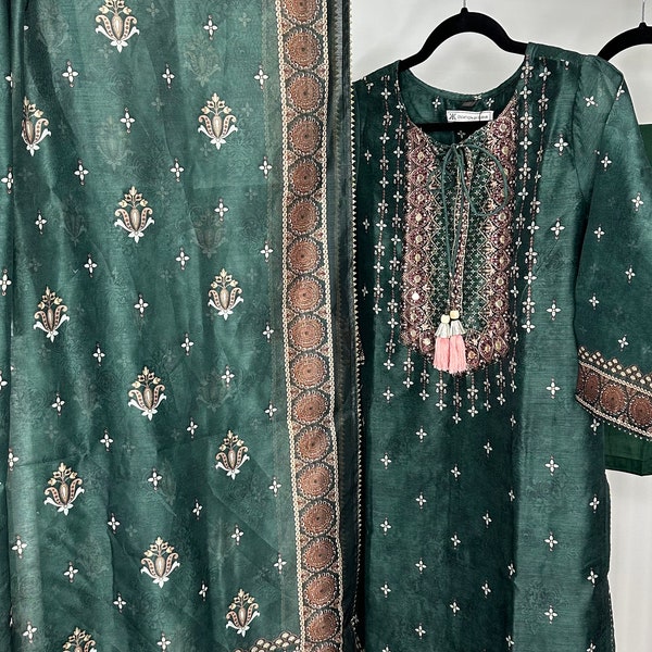 Indian Women Traditional Green Printed Silk Suit Set - Ready To Wear