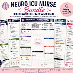 May include: A bundle of six printable PDF sheets for Neuro ICU nurses. The sheets include information on lines and tubes, shift start, report notes, quick reference, and more. The text includes "Neuro ICU Nurse Bundle" and "Instant Download Printable PDF."