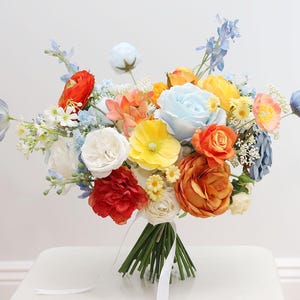 A&F Colorful Wedding Bouquet, Orange Blue Yellow Bridal Bouquet, Boho Wedding Flowers, Bright  Bouquet,  Wildflower Wedding Bouquet