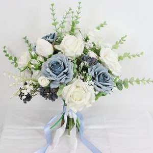 A&F Dusty Blue and White Wedding Bouquet,  Wedding Flower Bouquets, Bridal Bouquet, Bridesmaids Bouquet, White Rose Flower