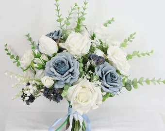 A&F Dusty Blue and White Wedding Bouquet,  Wedding Flower Bouquets, Bridal Bouquet, Bridesmaids Bouquet, White Rose Flower