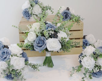 A&F Dusty Blue and White Wedding Bouquet,  Wedding Flower Bouquets, Bridal Bouquet, Bridesmaids Bouquet, White Rose Flower