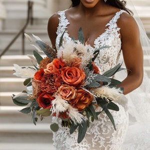 A&F Burnt Orange Bridal Bouquet, Terracotta Rust Sage Green Bridal Bouquet, Pampas Wedding Bouquet,  Bridesmaid Bouquet, Fall Winter Wedding