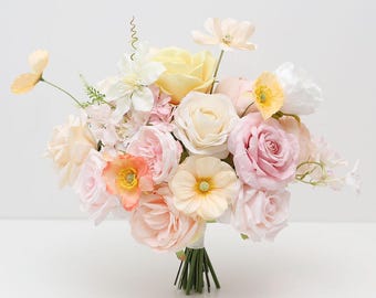 A&F Spring Peach Bouquets, Bright Wildflower Bouquets, Colorful Bridal Bouquet, Summer Wedding,    Blush/Champagne/Yellow Wedding Bouquet