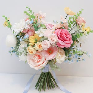A&F Spring Bouquets, Peach Bouquets, Bright Wildflower Bouquets, Colorful Bridal Bouquet,   Blush/Blue/Yellow Wedding Bouquet