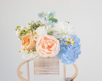 A&F Peach Blue Wedding Centerpiece, Pastel Spring Floral Arrangement, Artificial Table Flowers, Bridal Shower Baby Shower Table Decor