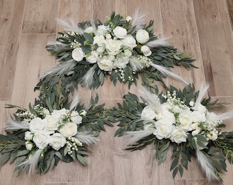 A&F Wedding Arch Arrangement, Silk Floral Decorations , Pampas Arch Arrangement, Rose Garland Flower Swags, Wedding Decor White Green