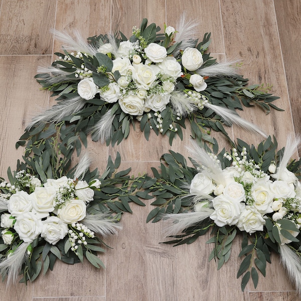 A&F Wedding Arch Arrangement, Silk Floral Decorations , Pampas Arch Arrangement, Rose Garland Flower Swags, Wedding Decor White Green