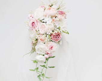 A&F Pink White Cascading Bouquet, Cascade Bridal Bouquet, Wedding Bouquets,  Bridesmaid Bouquet, White Wedding Bouquet, Pink Wedding Bouquet