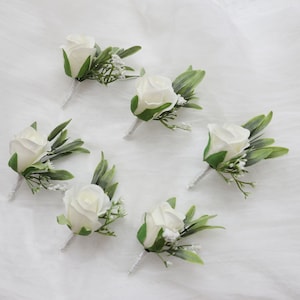 A&F Set of 6 Rose Boutonniere , Wedding Boutonniere, Groom and Best Man Boutonnieres ,  White Boho Wedding Accessories