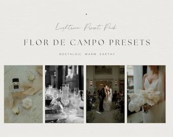 Puede incluir: Un conjunto de cuatro presets de fotografía de boda llamados "Flor de Campo Presets" con el lema "Nostalgic Warm Earthy". Los presets se muestran aplicados a cuatro fotos de boda diferentes: un primer plano de un frasco de perfume y una caja de anillos, una mesa puesta con vasos y cubiertos, una pareja besándose durante su ceremonia de boda y una novia sosteniendo un ramo de flores blancas.