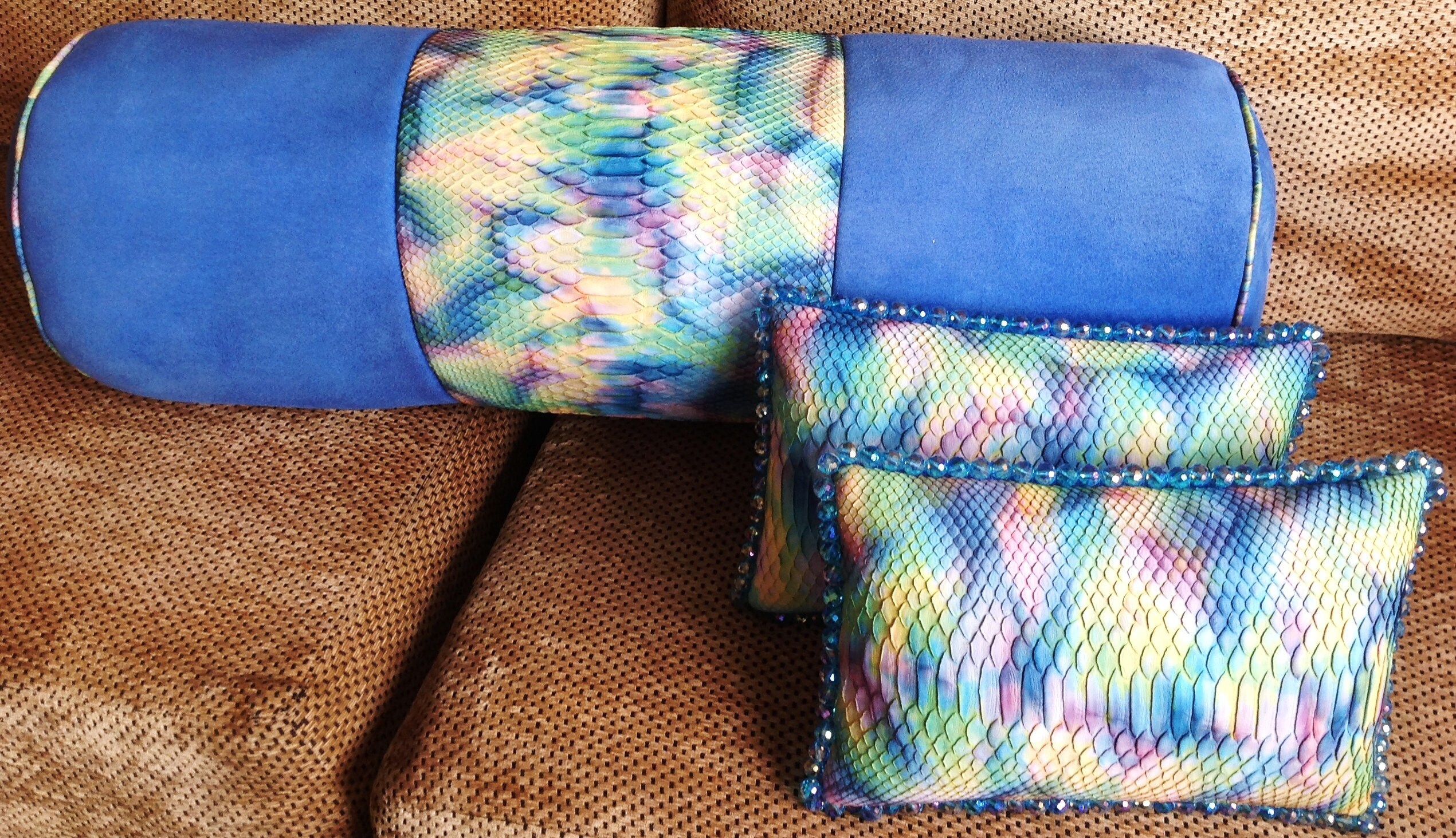 Custom Made Genuine Python and Pig Suede Decorative Pillows With Glass ...