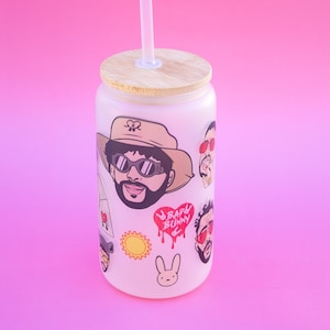 Bad Bunny Cup, Bad Bunny 18 oz Glass Cup, Bad Bunny Cup with Straw, Benito Cup with Reusable Straw