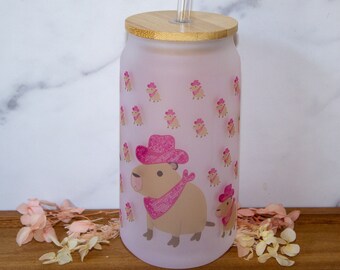 Capybara Iced Coffee Cup, Capybara Iced Coffee Cup, Cowgirl Capybara Glass Can, Cup with lid, Cup with Straw, Reusable Glass Straw, Gift