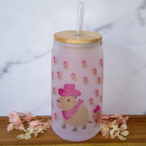 Capybara Iced Coffee Cup, Capybara Iced Coffee Cup, Cowgirl Capybara Glass Can, Cup with lid, Cup with Straw, Reusable Glass Straw, Gift