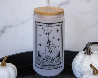 The Esthetician Iced Coffee Cup, The Esthetician Glass Can, Tarot Card Cup with lid, Cup with Straw, Reusable Glass Straw, Esthetician Gift