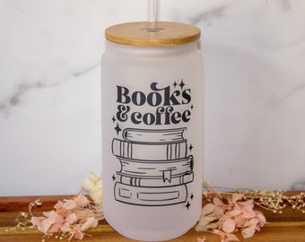 Books & Coffee Iced Coffee Cup, Book Glass Can, Iced Coffee Cup with Lid and Straw, Reusable Glass Straw, Book Lovers Gift, Book Lovers Gift