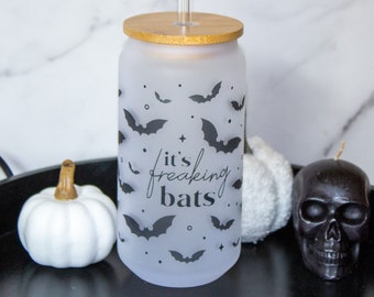 It's Freaking Bats Iced Coffee Cup, Halloween Glass Can, Cup with lid, Cup with Straw, Reusable Straw, Bamboo Lid, Halloween Coffee Cup