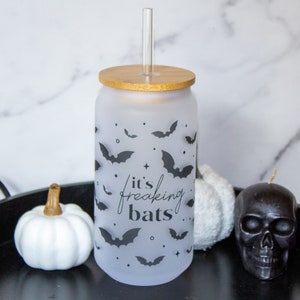 It's Freaking Bats Iced Coffee Cup, Halloween Glass Can, Cup with lid, Cup with Straw, Reusable Straw, Bamboo Lid, Halloween Coffee Cup