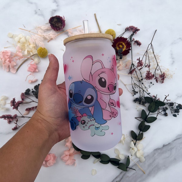 Stitch and Angel Iced Coffee Cup, Stitch Glass Can, Stitch and Angel Cup with lid, Cup with Straw, Reusable Plastic Straw, Bamboo Lid