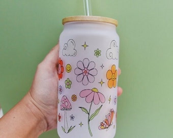 Flower and Mushroom Iced Coffee Cup, Trendy Glass Can, Aesthetic Cup with lid, Girly Cup with Straw, Gift for Best friend, Gift for Aunt