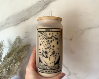 Hair Stylist Iced Coffee Cup, The Beautician Glass Can, Tarot Card Cup with lid, Cup with Straw, Reusable Glass Straw, Hair Stylist Gift