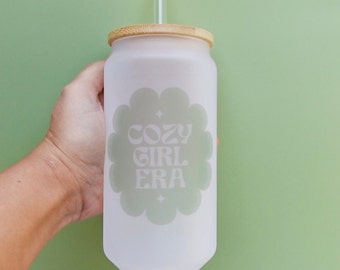 Cozy Girl Era Iced Coffee Cup, Trendy Glass Can, Aesthetic Cup with lid, Girly Cup with Straw, Reusable Plastic Straw, Gift for Best friend