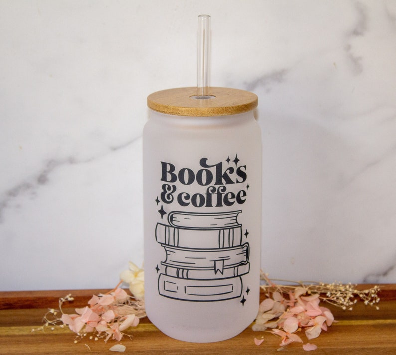 Books & Coffee Iced Coffee Cup, Book Glass Can, Iced Coffee Cup with Lid and Straw, Reusable Glass Straw, Book Lovers Gift, Book Lovers Gift image 1